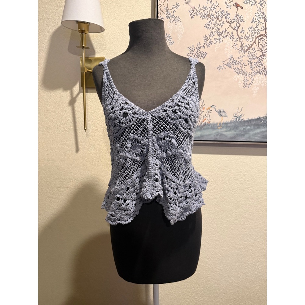 Ellie & Kate Blue Crochet Cotton  Top‎ Medium Boho Floral Knit Peplum Camisole